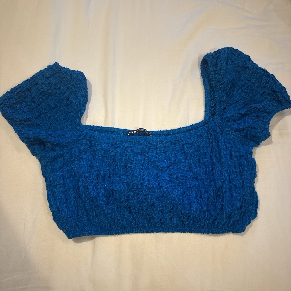 Zara Blue Ruched Ruffled Cap Sleeve Blouse